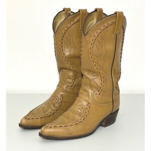VTG Dan Post Mens Western Cowboy Boots 10 Tan Leather Point Toe Ribbon Stitch